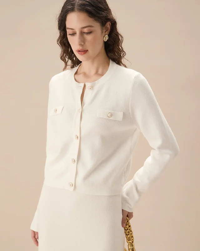 Street Style Suit White Single Breasted Knit Cardigan