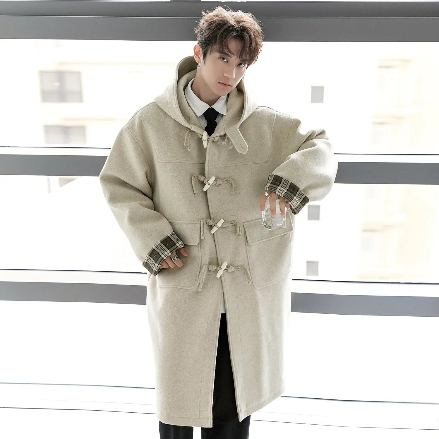 Weekend Style Horn Button Hooded Wool Coat