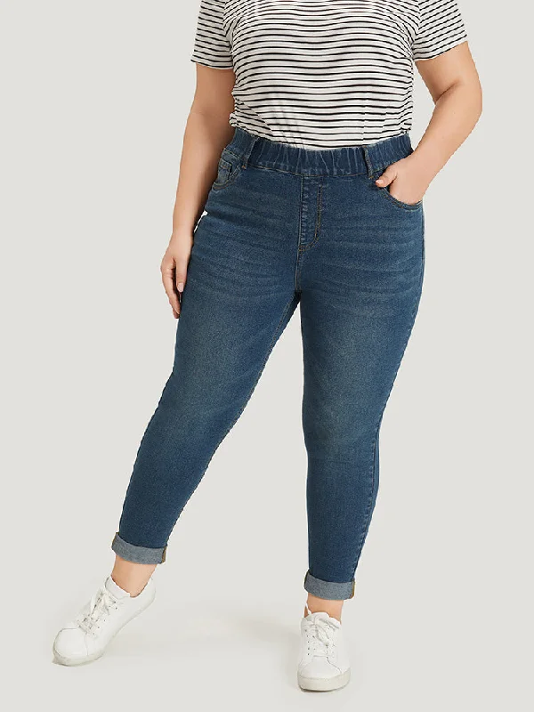 Casual Wear Plain Elastic Waist Medium Wash Roll Hem Jeans