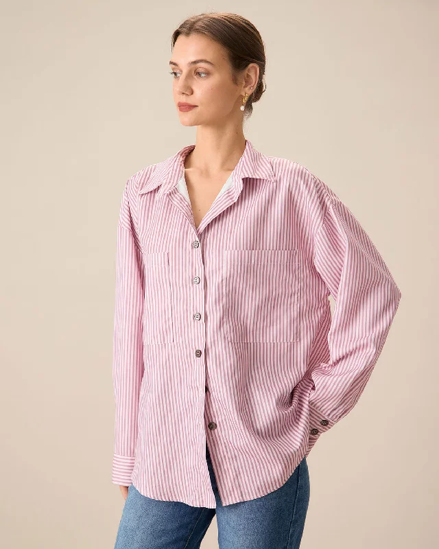 Hip-hop Style Pink Striped Pocket Shirt