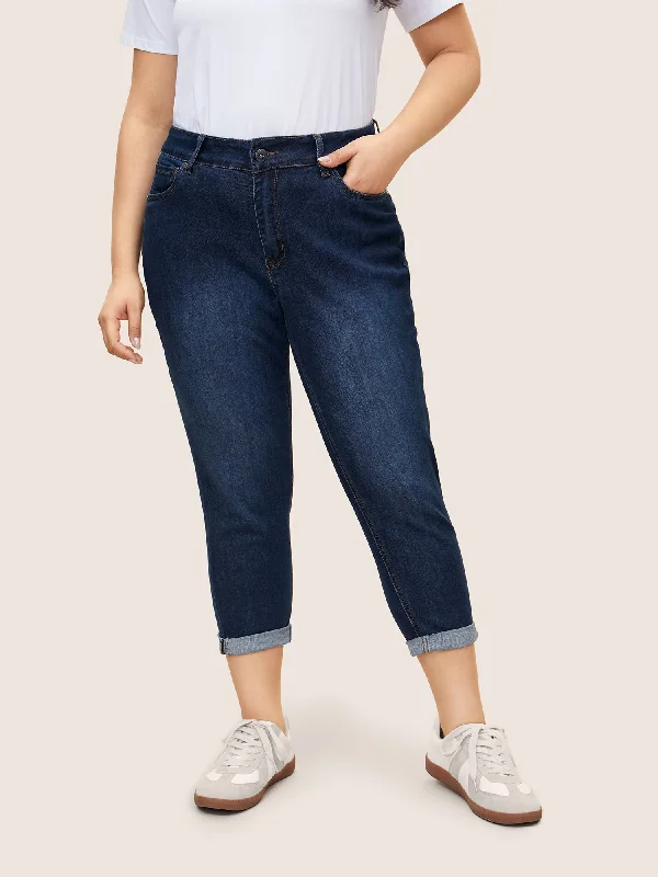 Simple Style Very Stretchy High Rise Dark Wash Cropped Jeans