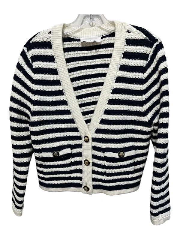 Ba&sh Size M Navy Blue & White Cotton Blend Horizontal Stripes V Neck Cardigan