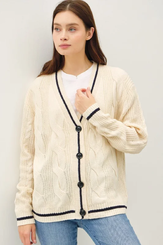 Cable-Knit V-Neck Cardigan - Cream