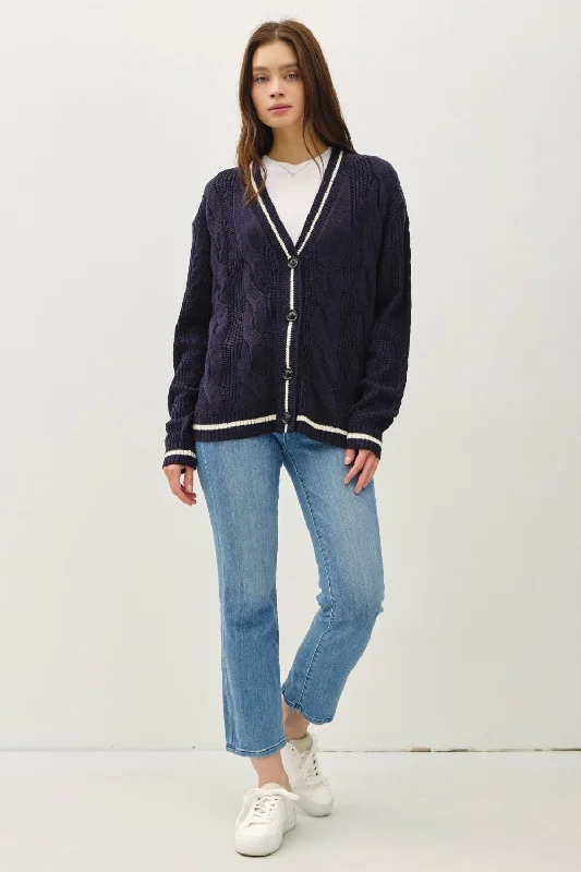 Cable-Knit V-Neck Cardigan - Navy