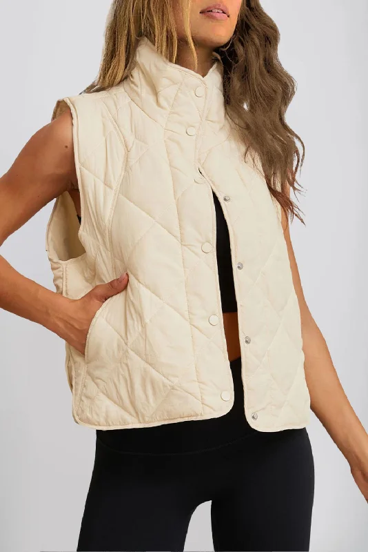 Beige Quilted High Neck Button Up Pocket Vest Coat