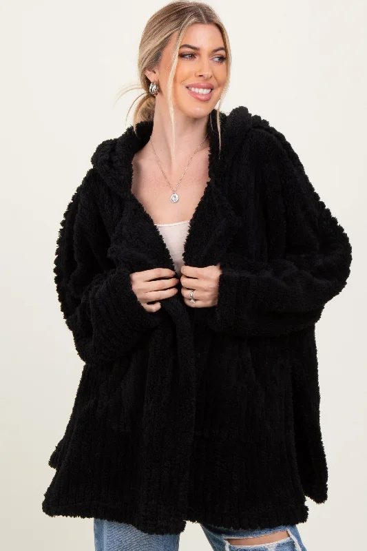 Black Fuzzy Slit Hem Hooded Cardigan