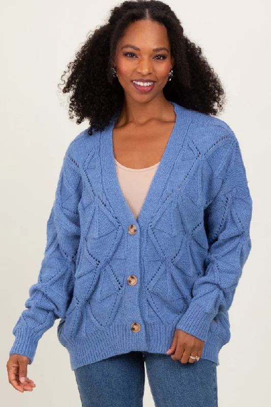 Blue Diamond Knit Button Up Sweater Cardigan