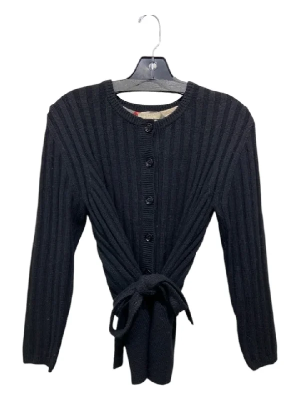 Burberry Brit Black Merino Wool Rib Knit Round Neck Long Sleeve Sash Cardigan