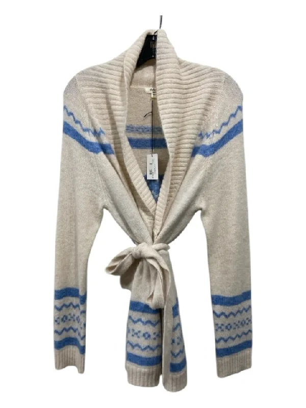 Dylan Size S Cream & Blue Alpaca Shawl Collar Sash Tunic Length Cardigan