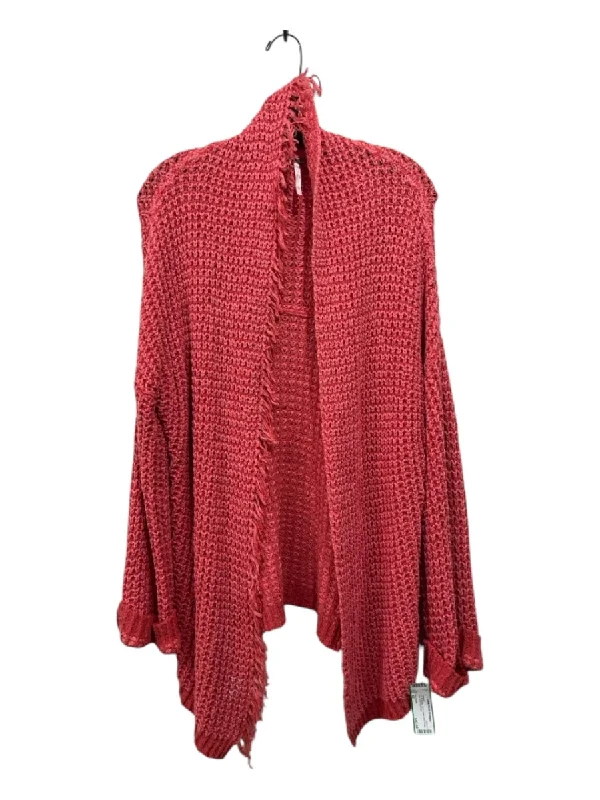 Free People Size XS Pink & Orange Silk & Cotton Knit Fringe Open Front Cardigan