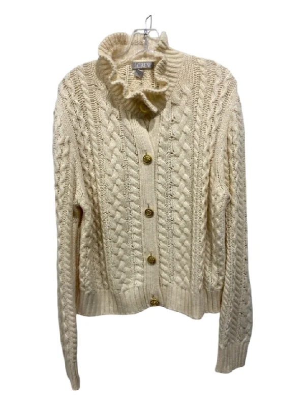 J Crew Size XL Cream Lambs Wool Blend Button Down Ruffle Neckline Cardigan