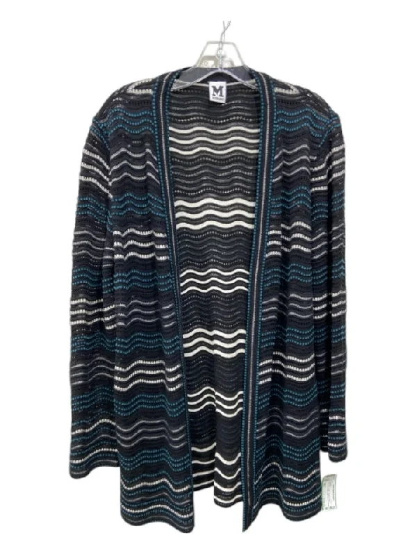 M Missoni Size 46/L Black, Blue & White Viscose Open Front Wavy Lines Cardigan