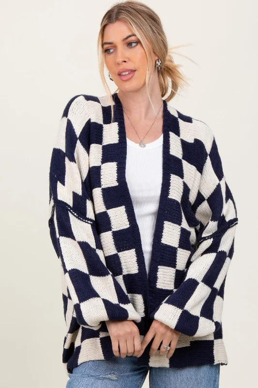 Navy Checkered Oversized Cardigan