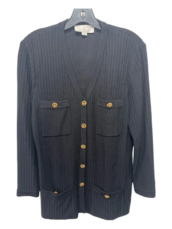 St John Collection Size 6 Black & Gold Wool Ribbed 4 Pocket Gold button Cardigan