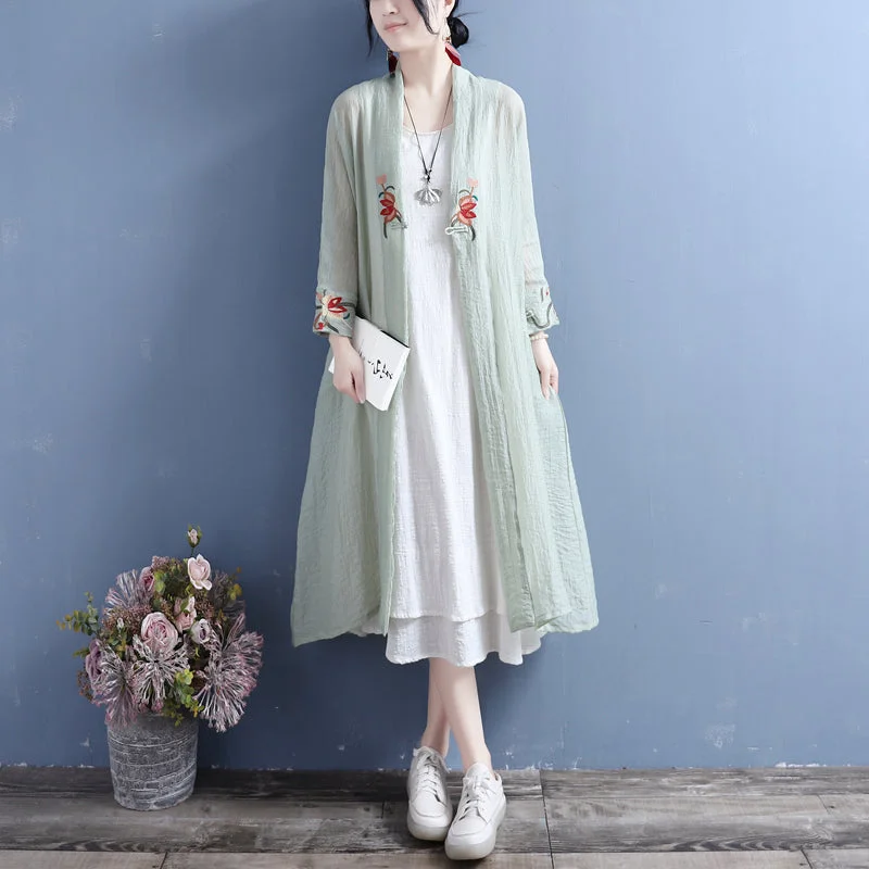 Summer Cotton Linen Floral Open Front Long Cardigan