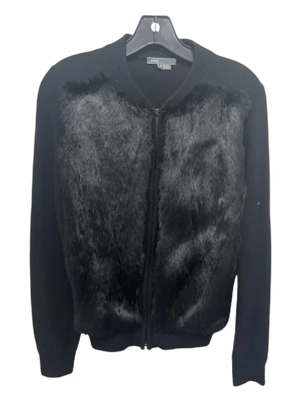 Vince Size S Black Yak & Wool Rabbit Fur Zip Front Long Sleeve Cardigan