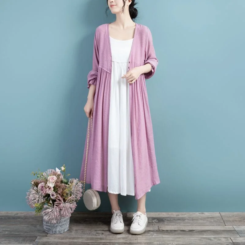 Women Spring Retro Casual Thin Cotton Linen Cardigan