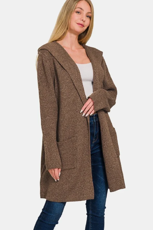 Hooded Open Front Sweater Cardigan - Brown