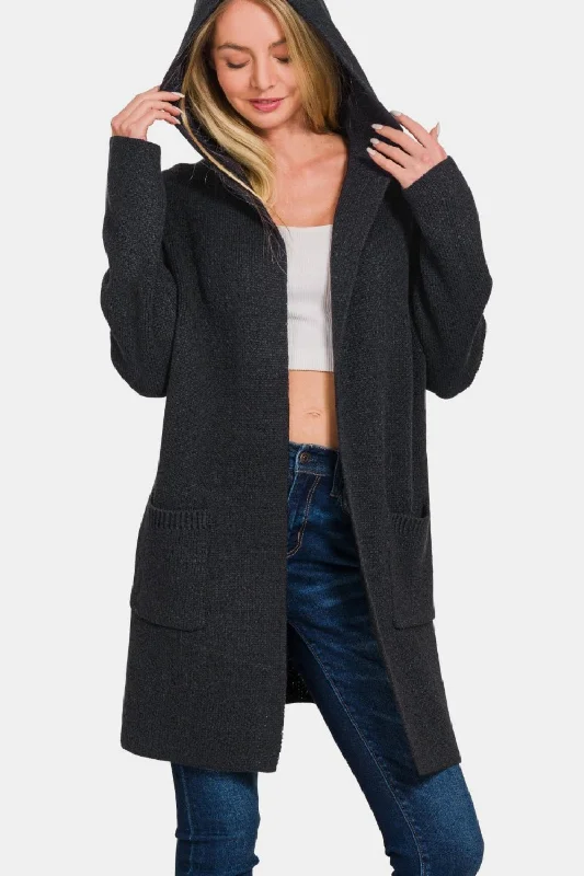 Hooded Open Front Sweater Cardigan - Black