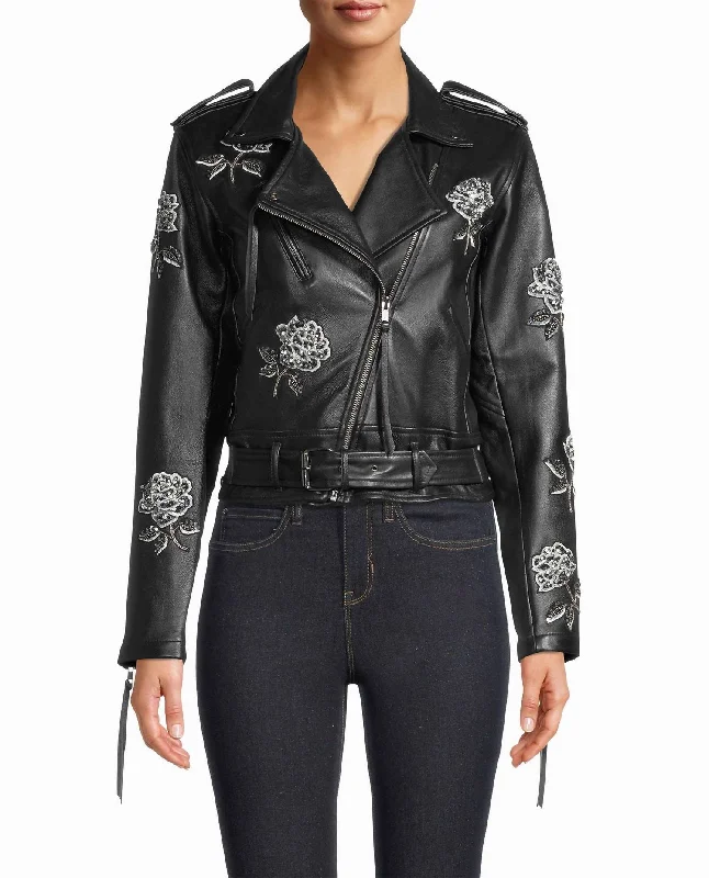 Embellished Rose Moto Jacket In Black Embellished Rose