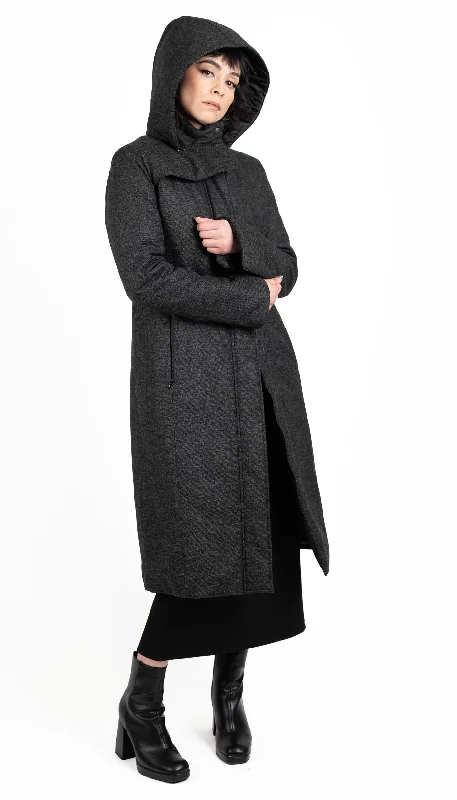 Hooded Mock Neck Zip Maxi Coat w/ Thinsulate Quilted Liner/ Charcoal Canvas Wool Texture