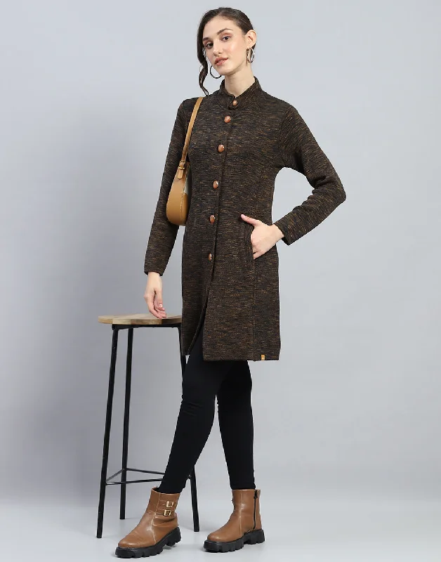 Women Brown Self Design High Neck Full Sleeve Knitted coat