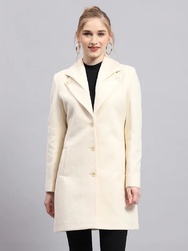 Women Cream Solid Collar Full Sleeve Coat