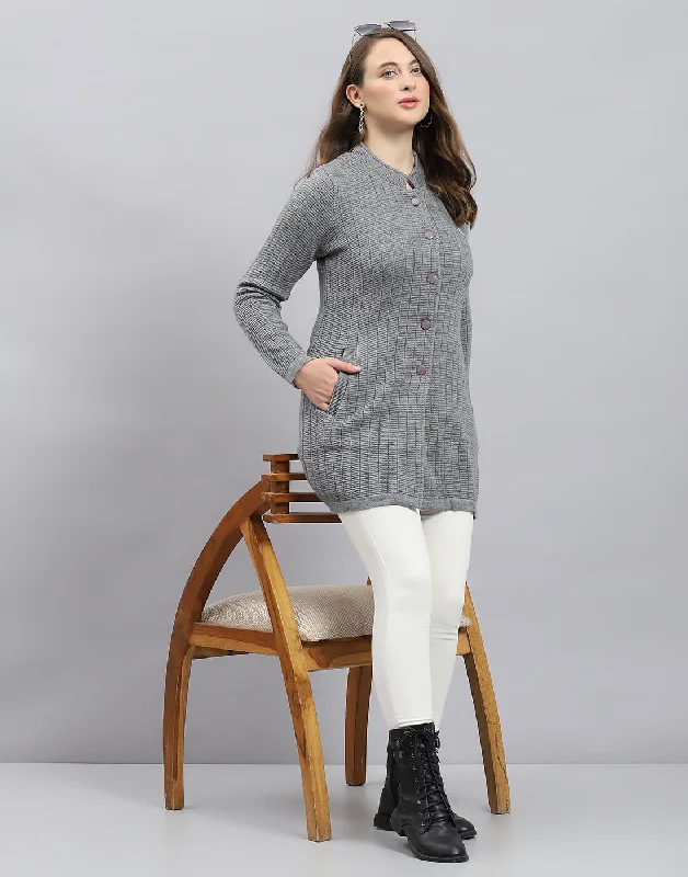 Women Grey Self Design Round Neck Full Sleeve Knitted coat