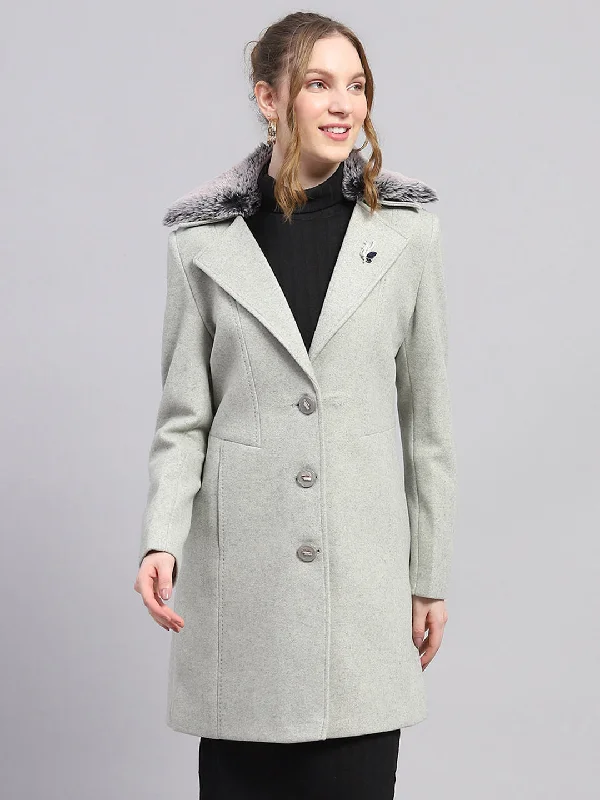 Women Grey Solid Notch lapel Collar Full Sleeve Coat