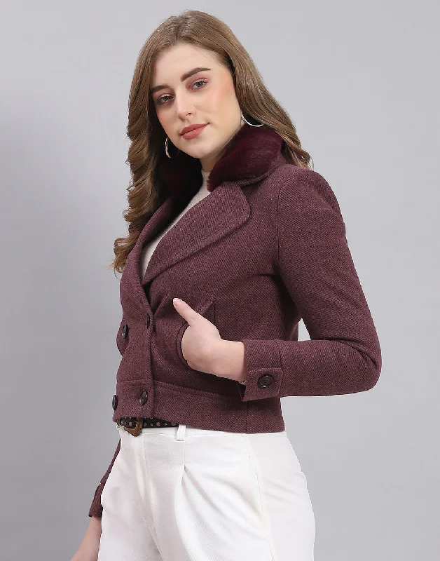 Women Maroon Solid Lapel Collar Full Sleeve Coat