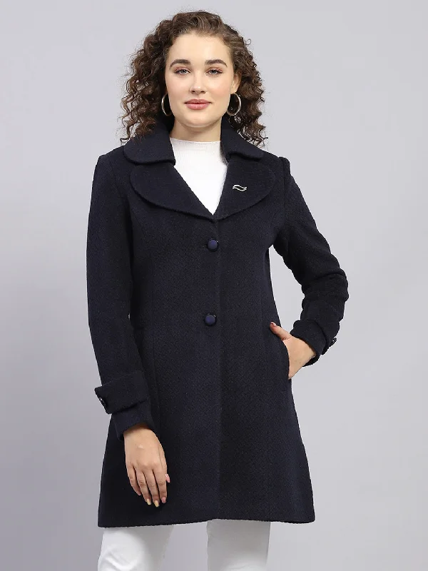 Women Navy Blue Self Design Notch lapel Collar Full Sleeve Coat