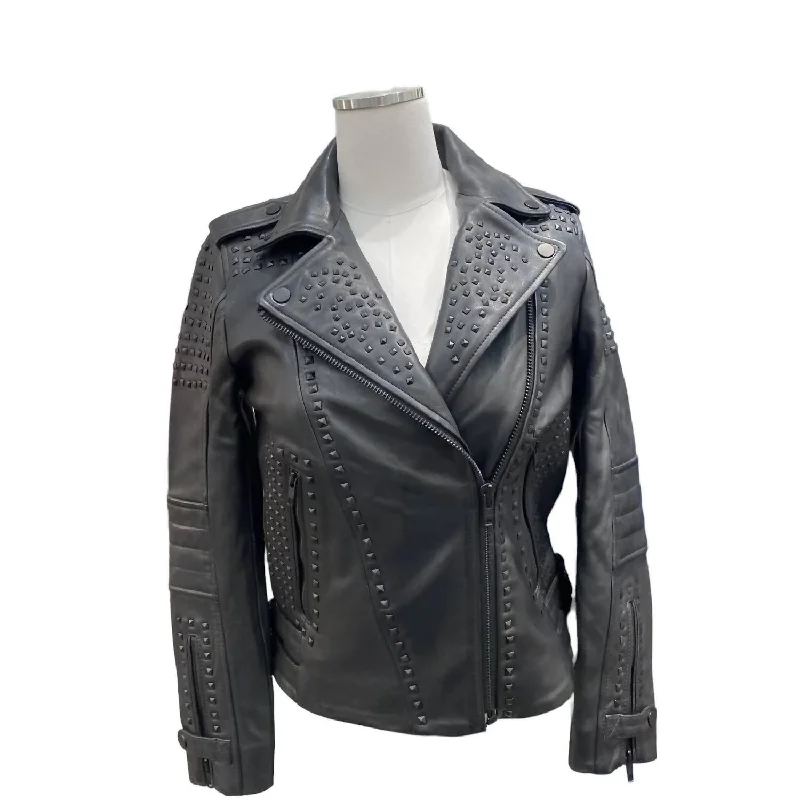 Women's Studded Leather Jacket In Black