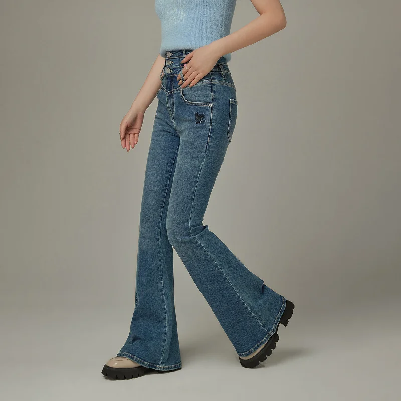 Heart Embroidered Bootcut Denim Jeans