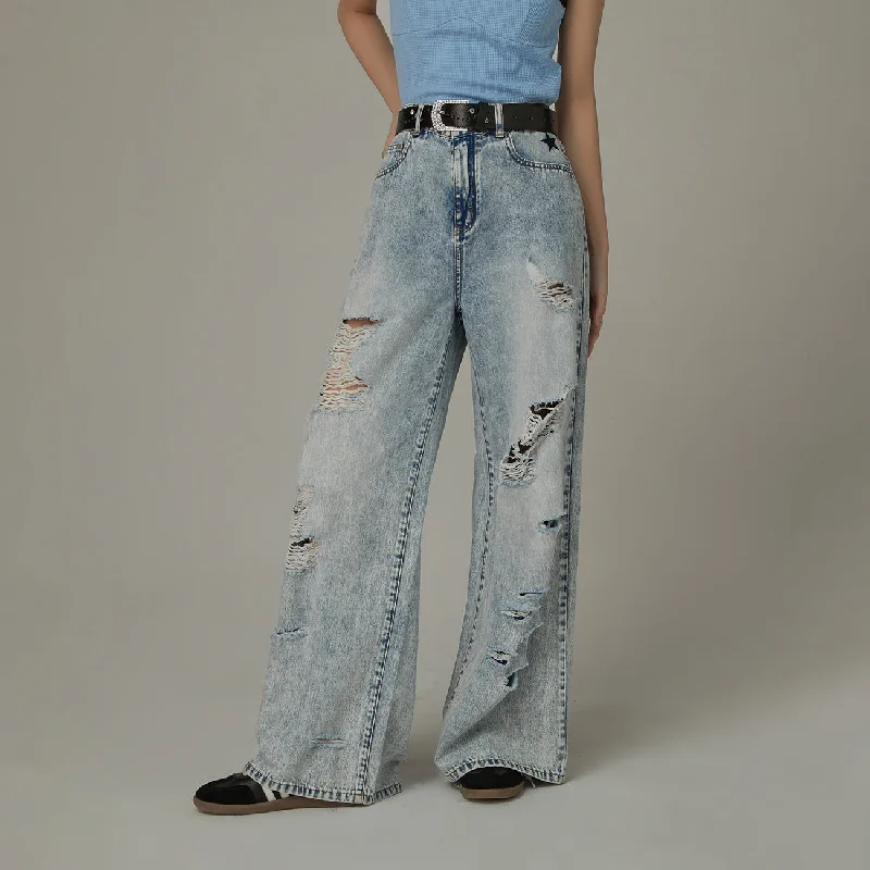 Distressed Straight Wide-Leg Denim Jeans