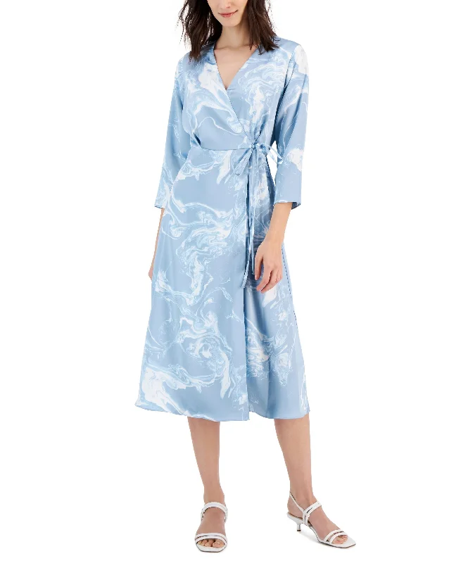 Alfani Womens Printed 3/4 Sleeve Midi Satin Wrap Dress