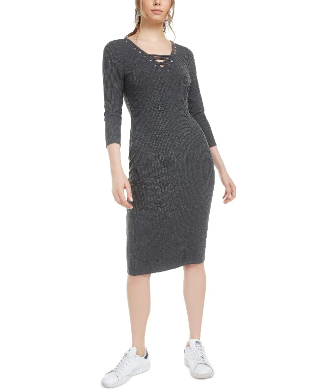 Bar III Lace Up Grommet Neck Ribbed Dress