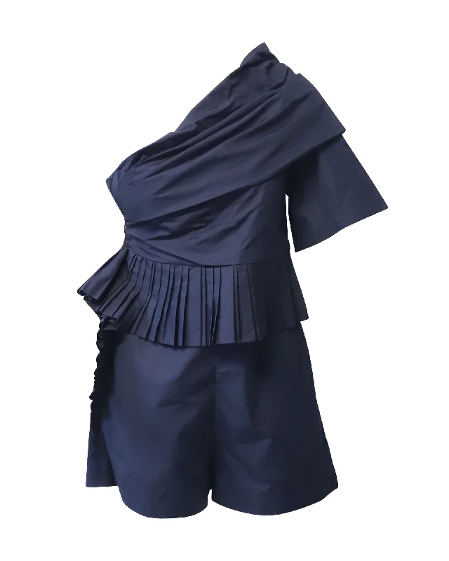 Chloe Asymmetrical Pleated Playsuit in Navy Blue Cotton