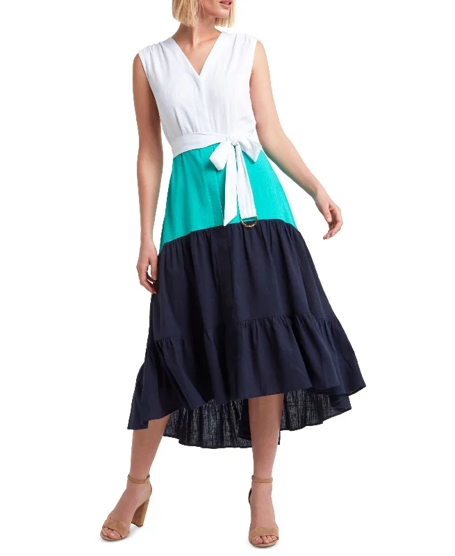 H Halston Colorblocked Tiered Dress