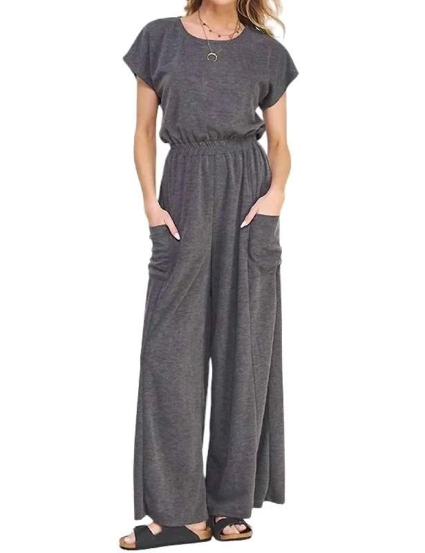 Short Sleeve Knit Straight Leg Elastic Jumpsuit In Charcoal