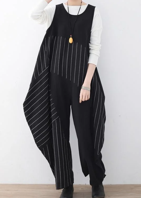 Spring  Summer Cotton Hemp Women Oversized Asymmetric Striped Jumpsuit