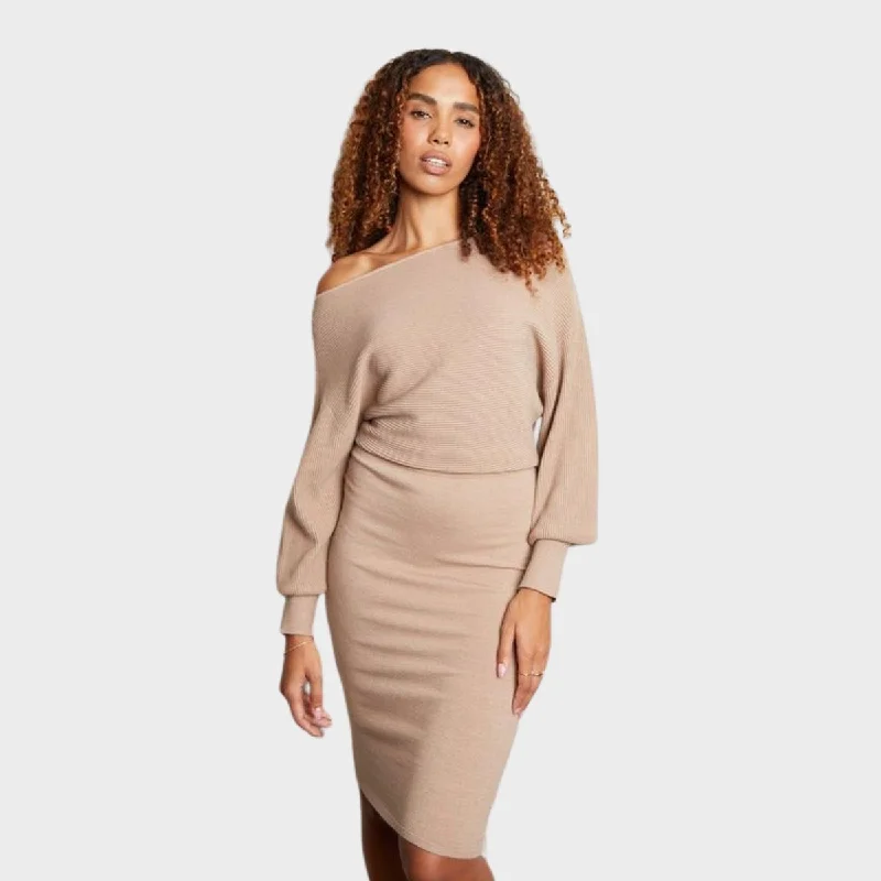 Threadbare Ladies Slash Neck Knitted Midi Dress