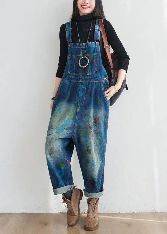 Vintage Blue Patchwork Print Denim Jumpsuit Spring