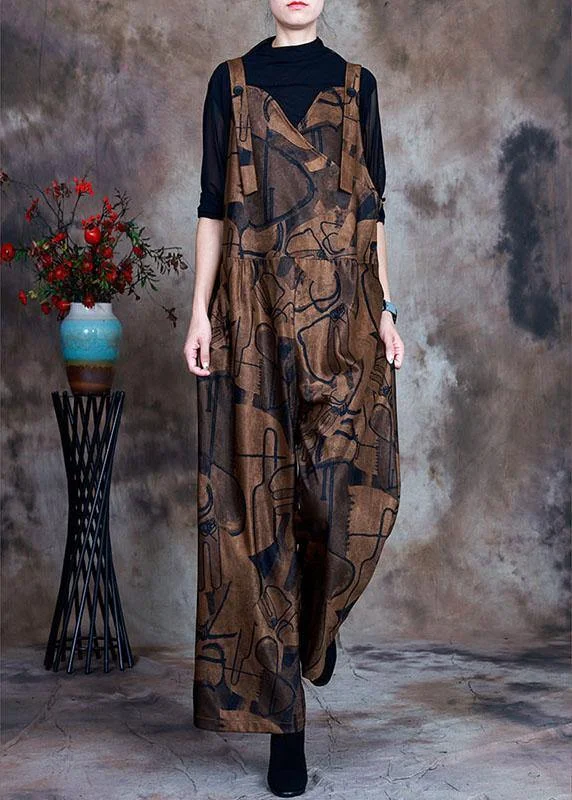 Women Coffee Button Patchwork Fall retro jumpsuit pants