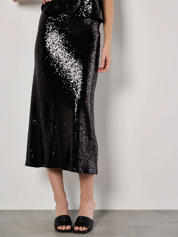 Apricot Sequin Bias Cut Skirt in Black