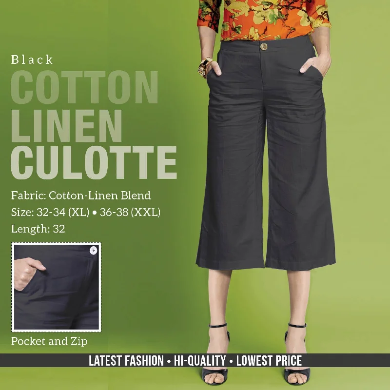 Black Linen Cotton Culottes Pants for women