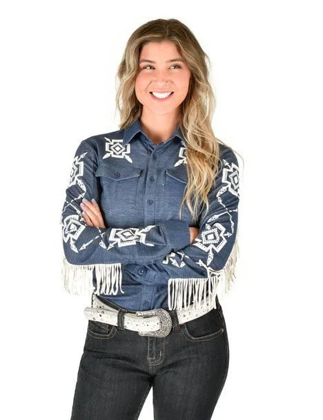 Cowgirl Tuff Womens Cream Aztec Fringe Denim Rayon/Poly L/S Shirt