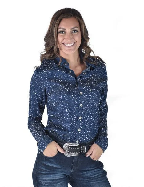 Cowgirl Tuff Womens Dot Crystal Dark Wash Lyocell L/S Shirt