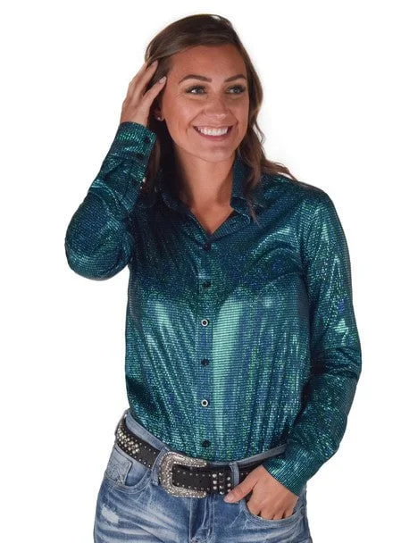 Cowgirl Tuff Womens Foil Lightweight Turquoise Polyester L/S Shirt