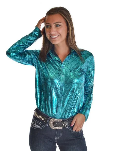 Cowgirl Tuff Womens Midweight Shiny Turquoise Polyester L/S Shirt