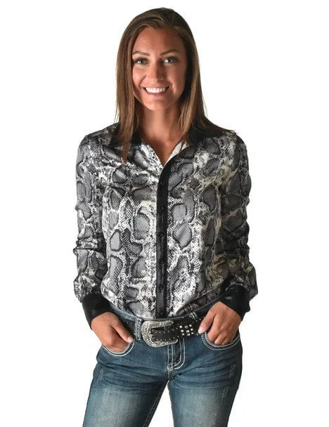 Cowgirl Tuff Womens Satin Snakeskin Black Polyester L/S Shirt